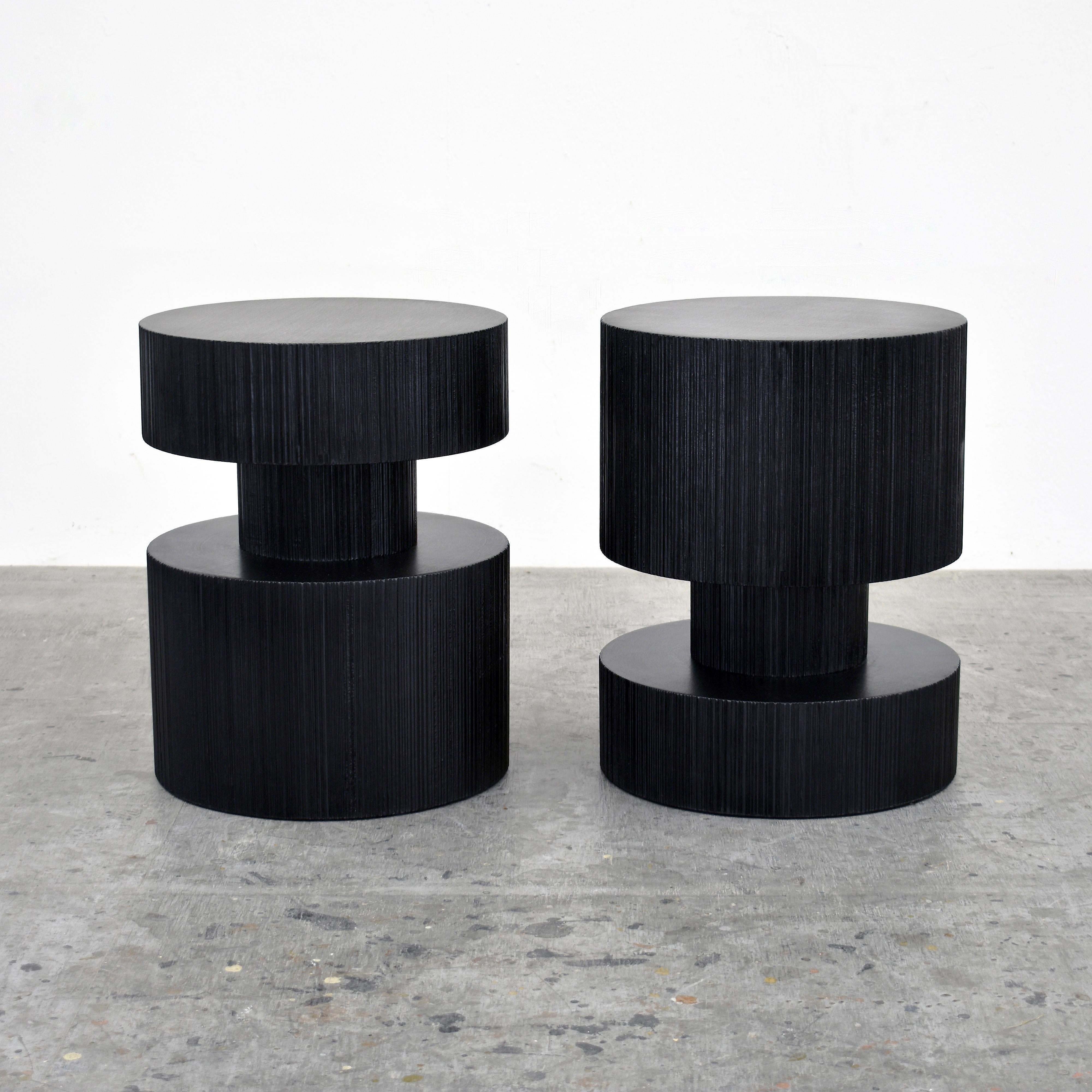 PAIR Round Revert tables / stools
Sawn + blackened + maple
Measures: 20