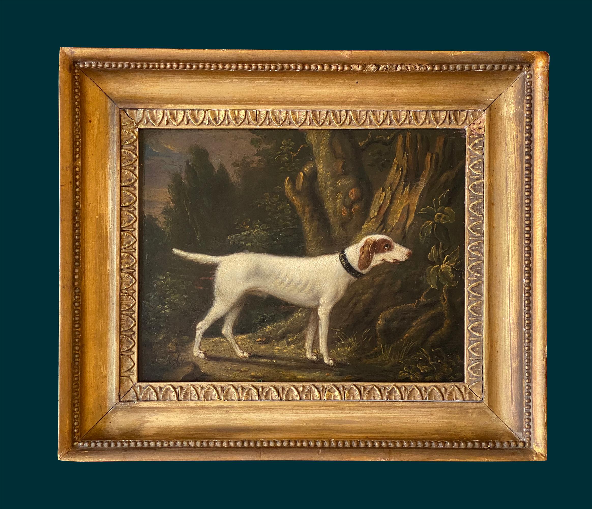 19TH CENTURY OIL OF A HUNTING DOG IN A LANDSCAPE - CIRCLE OF SAWREY GILPIN ( 4