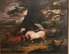 A Huge 18th Century oil of Horses frightened by a Lightning Bolt by Gilpin