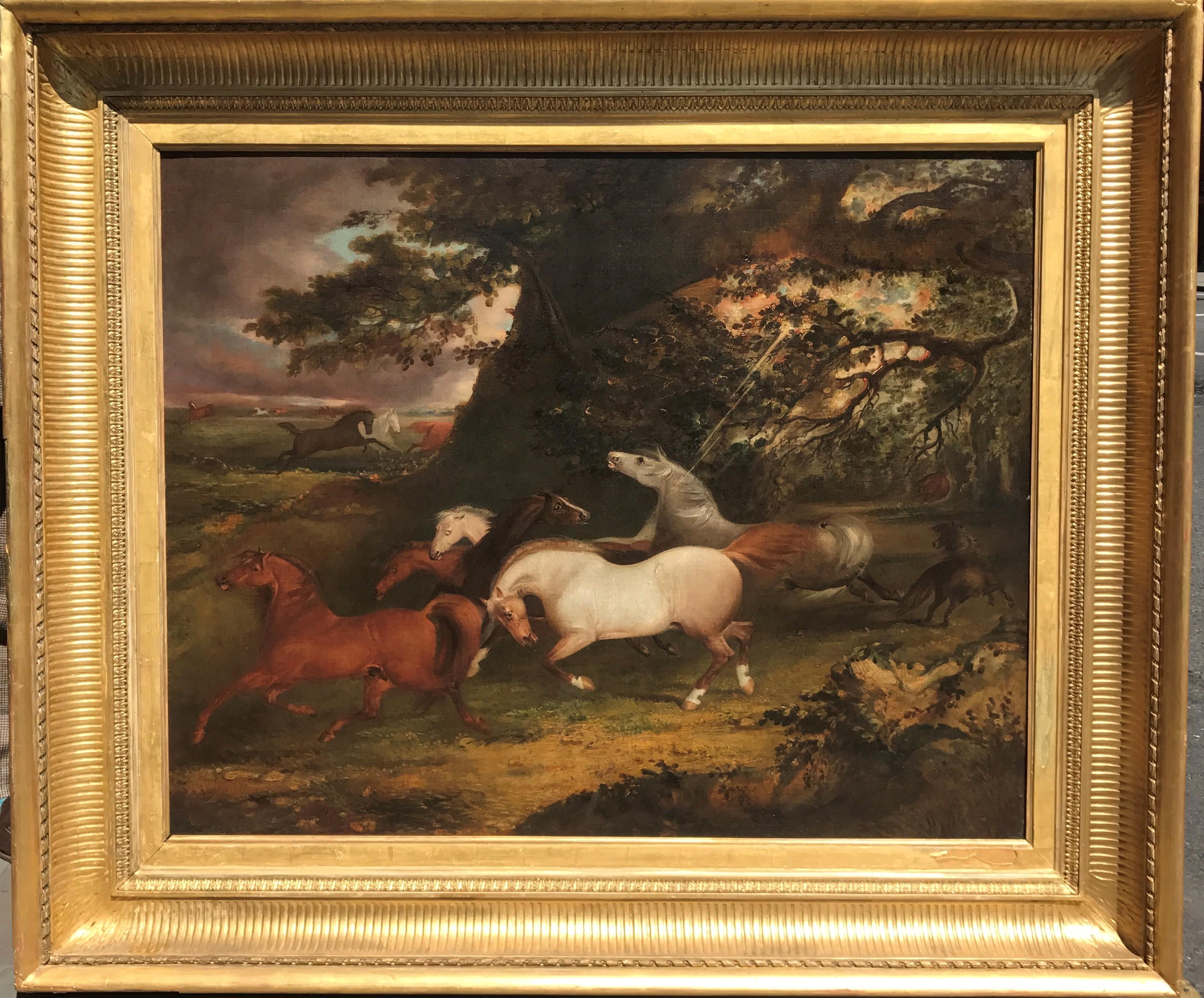 Sawrey Gilpin Animal Painting - A Huge 18th Century oil of Horses frightened by a Lightning Bolt by Gilpin