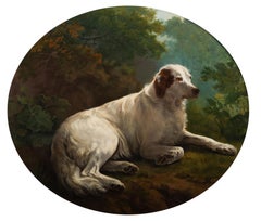 An English setter reclining in a landscape