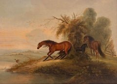 Fine Antique British Horse Oil Painting Startled Horses in Windswept Landscape