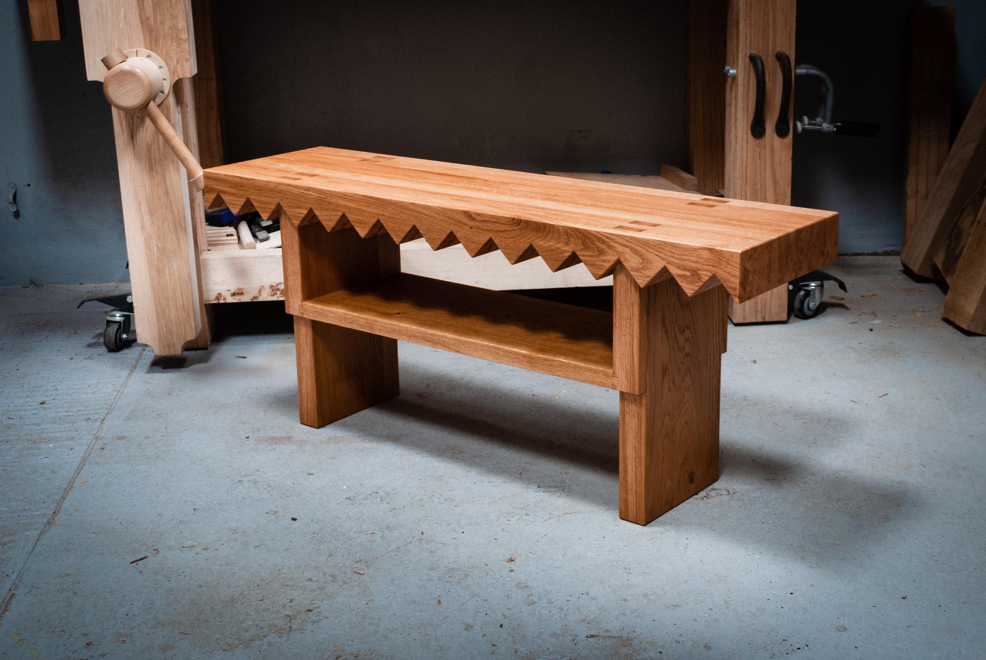 Sawtooth Bench in Solid English Oak, Designed and Handmade by Loose Fit, UK For Sale 1