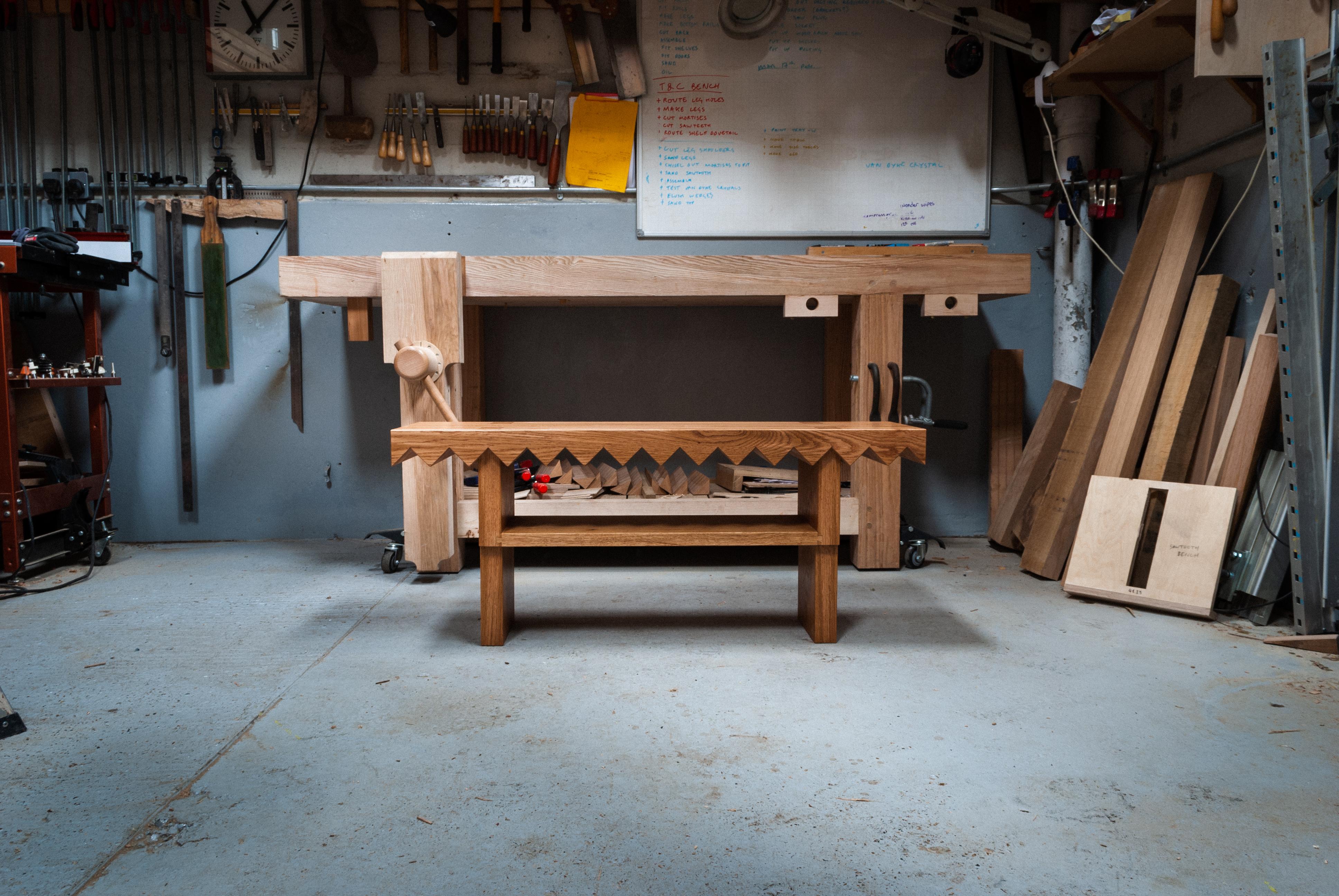 Sawtooth Bench in Solid English Oak, Designed and Handmade by Loose Fit, UK For Sale 4