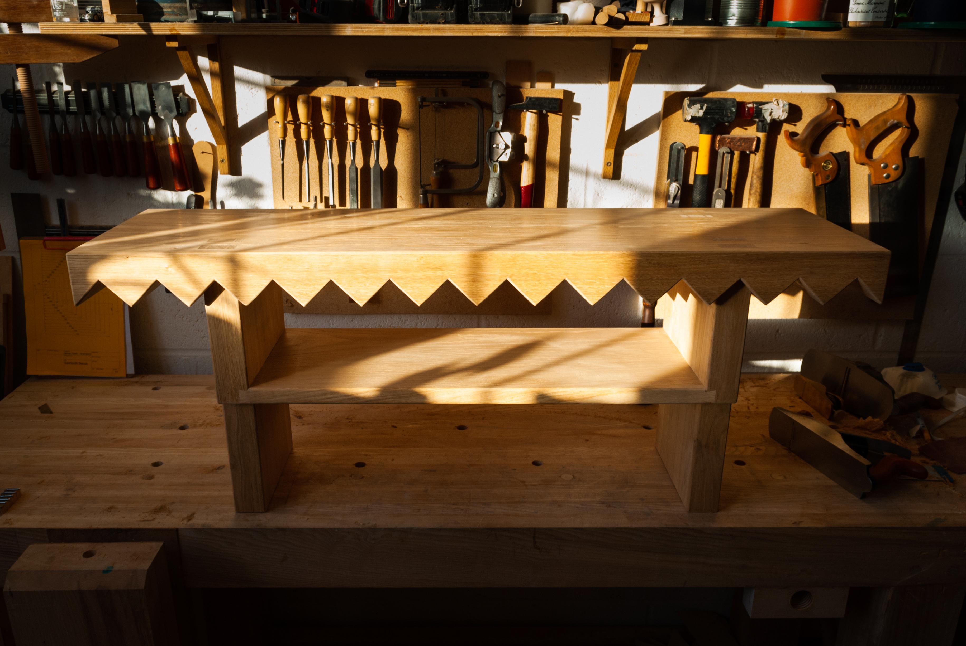 Contemporary Sawtooth Bench in Solid English Oak Designed and Handmade by Loose Fit in the UK For Sale