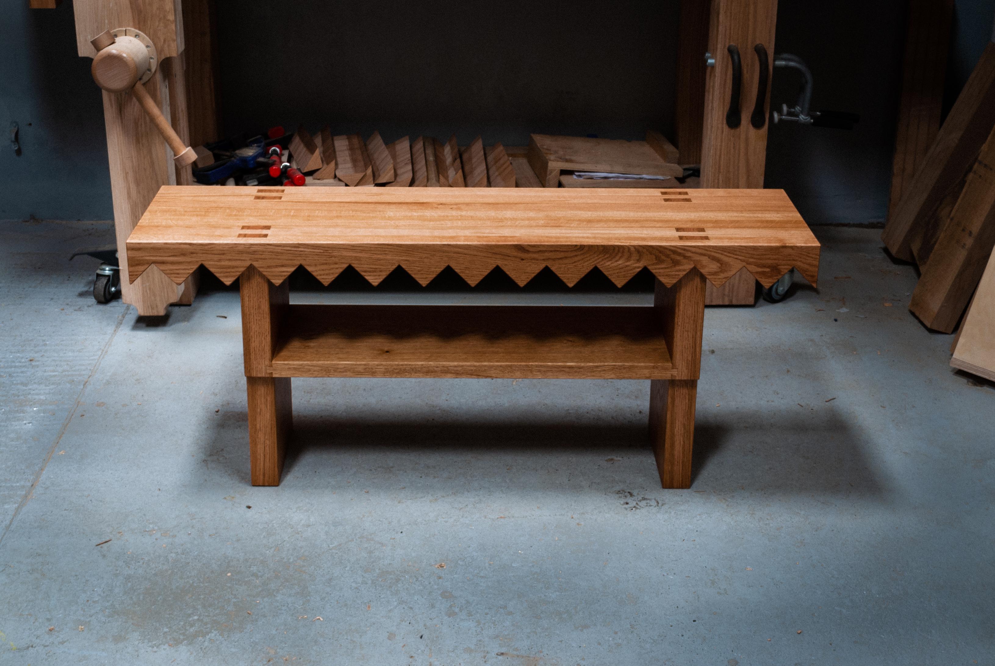 Wood Sawtooth Bench in Solid English Oak, Designed and Handmade by Loose Fit, UK For Sale