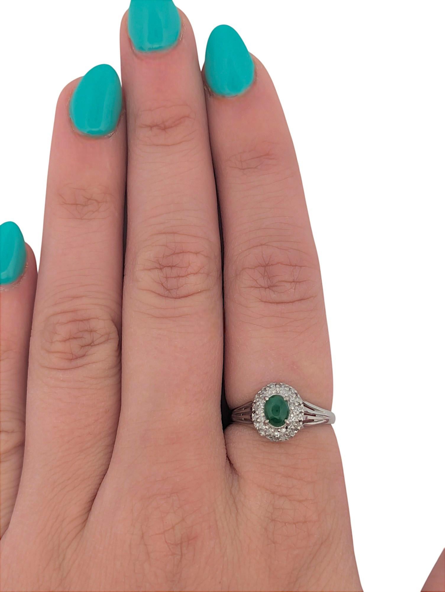 Ethereal beauty meets modern refinement in the Sawyer Ring by Mountain Song Jeweler. This elegant piece features a 1 carat cabochon-cut natural emerald, known for its rich, glowing green hue and smooth, polished surface — a gemstone that whispers