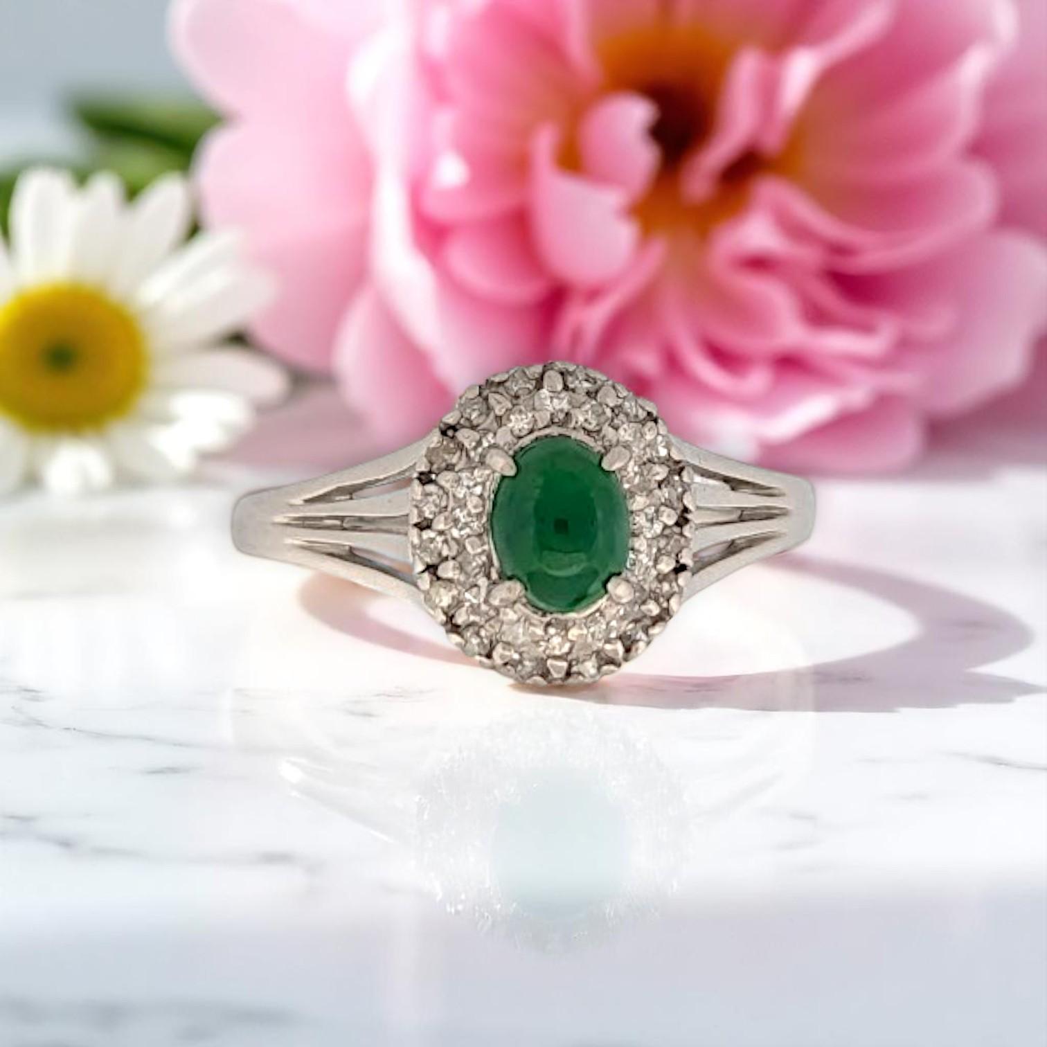 Women's Sawyer  Platinum Ring with 1 ct Cabochon-Cut Natural Emerald & .17 ctw Natural For Sale