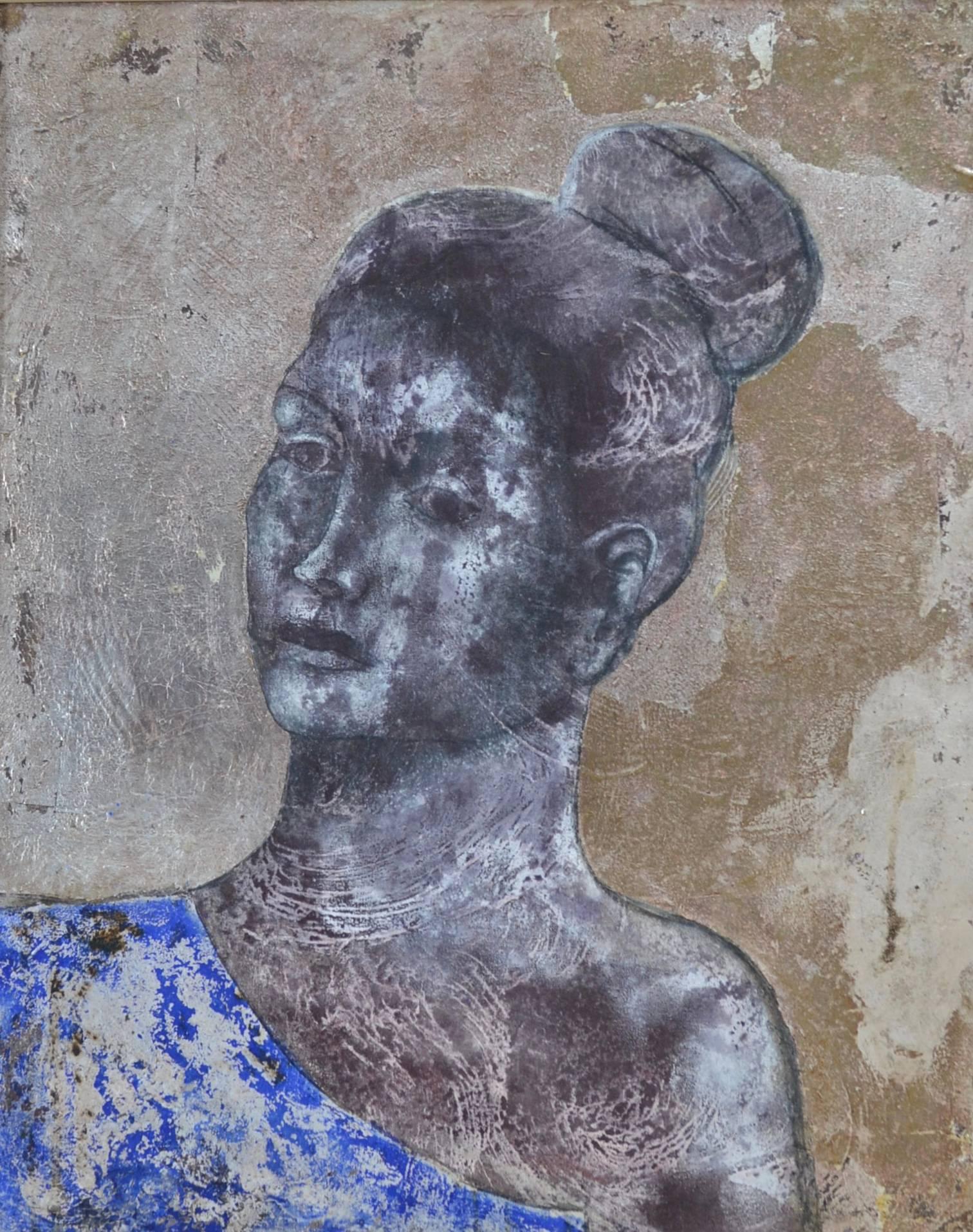 Sappho Queen of Lesbos Oil and Silver Leaf Painting, 24.5x20.5 - Mixed Media Art by Sax Berlin