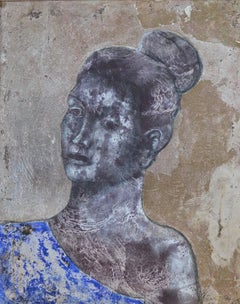 Sappho Queen of Lesbos Oil and Silver Leaf Painting, 24.5x20.5