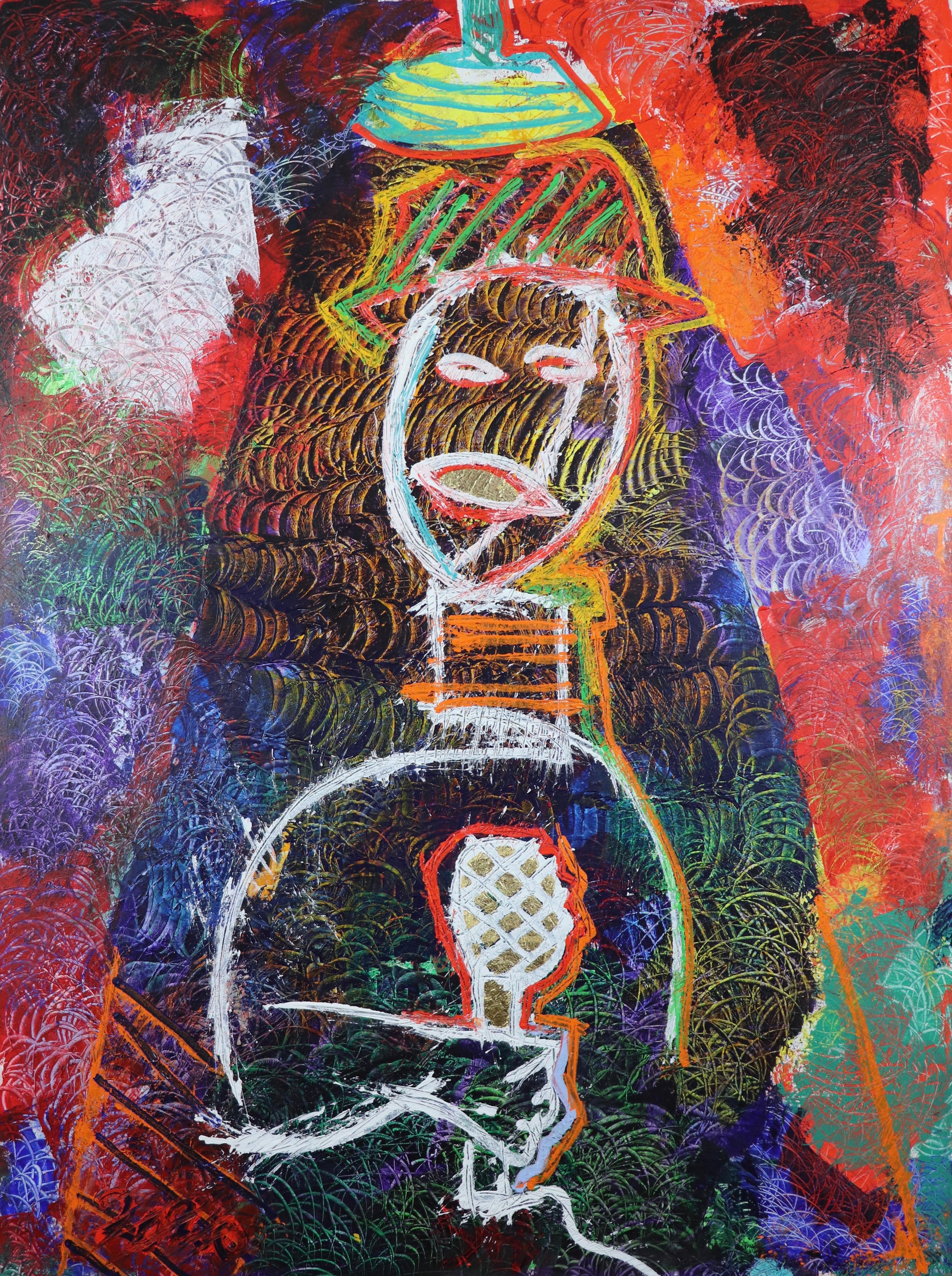 Il cantante di jazz.  Pittura ad olio neo espressionista contemporanea di grandi dimensioni