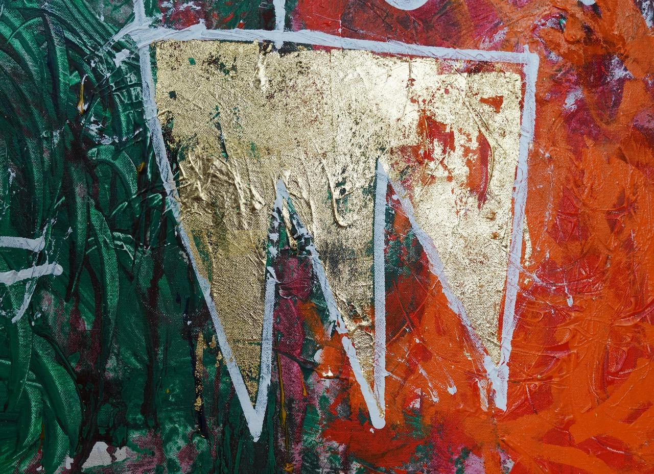 BASQUIAT : Preso nel fuoco incrociato:  Pittura ad olio neo espressionista di grandi dimensioni in vendita 1