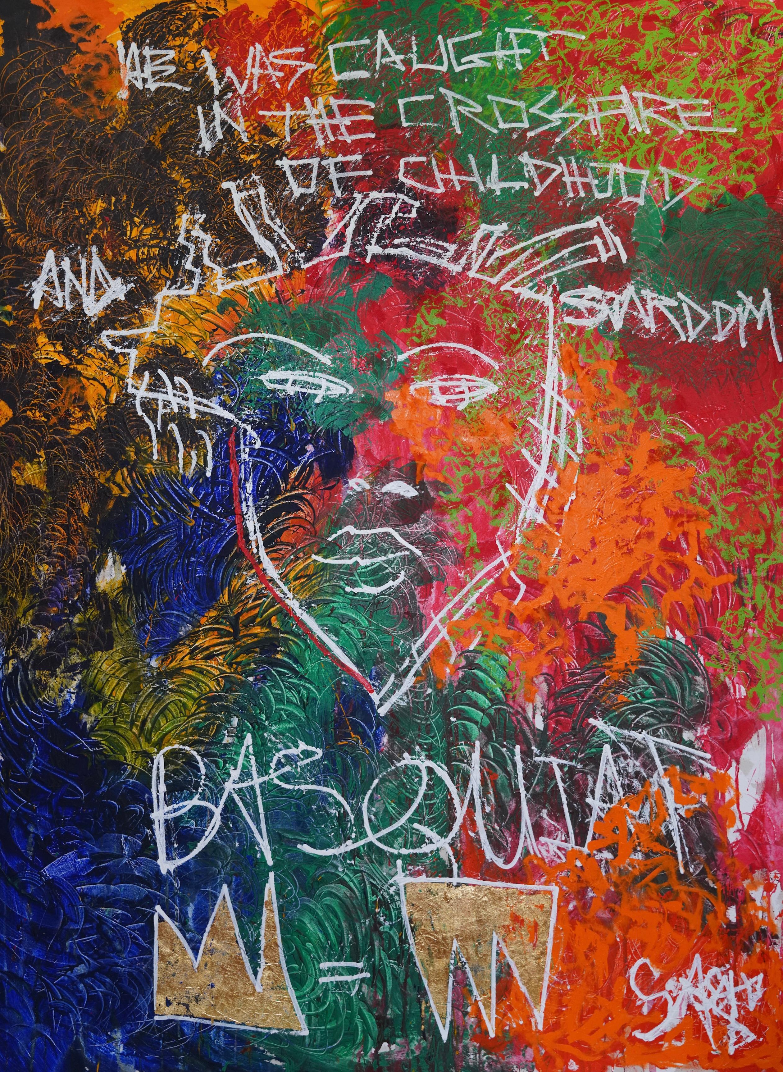 Sax Berlin Figurative Painting - BASQUIAT : Caught in the Crossfire:  Large Neo Expressionist Oil Painting