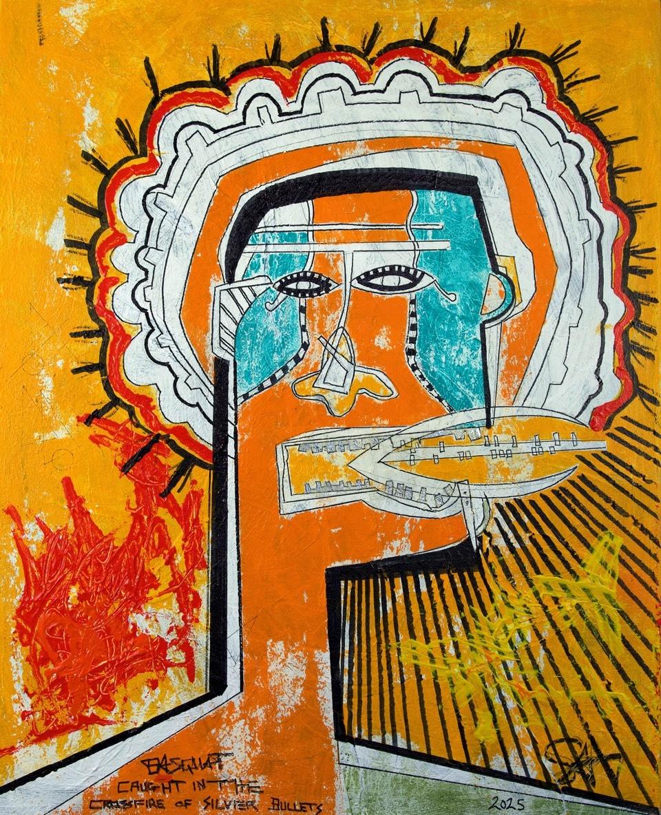 Basquiat . Pris dans le feu croisé d'A Silver. - Néo-expressionnisme Mixed Media Art par Sax Berlin