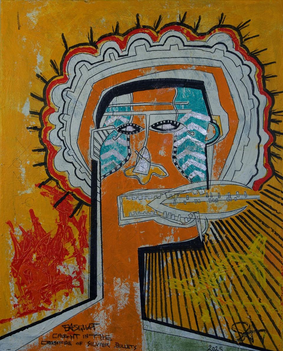 Sax Berlin Figurative Painting - Basquiat . Caught in the Crossfire of Silver Bullets.