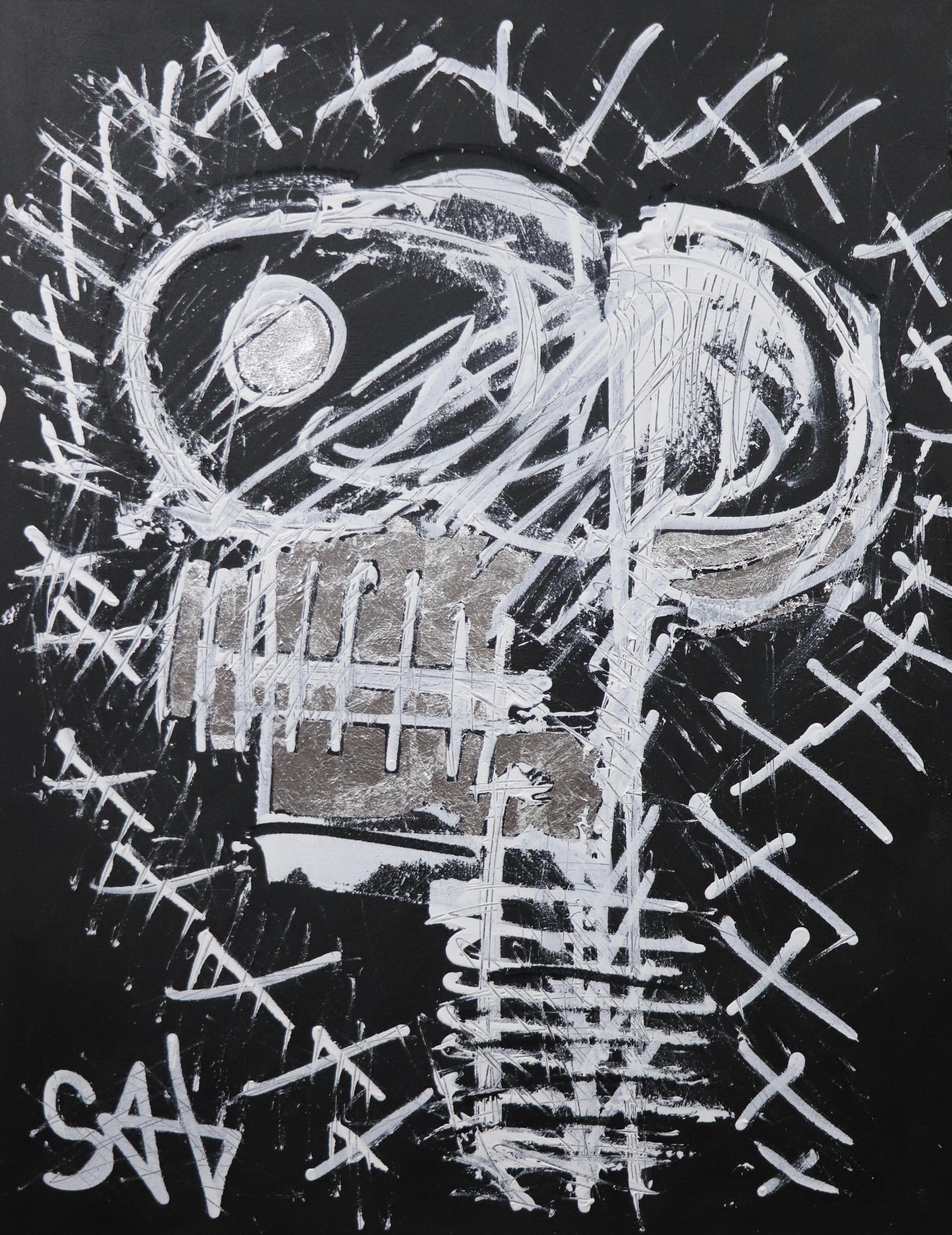 Figurative Painting de Sax Berlin - Cráneo negro.  Pintura neoexpresionista contemporánea