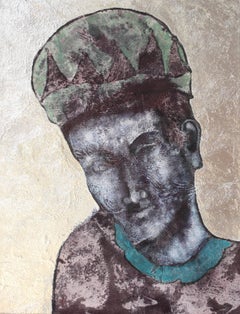 Arlequin bleu. Peinture figurative contemporaine de supports mélangés