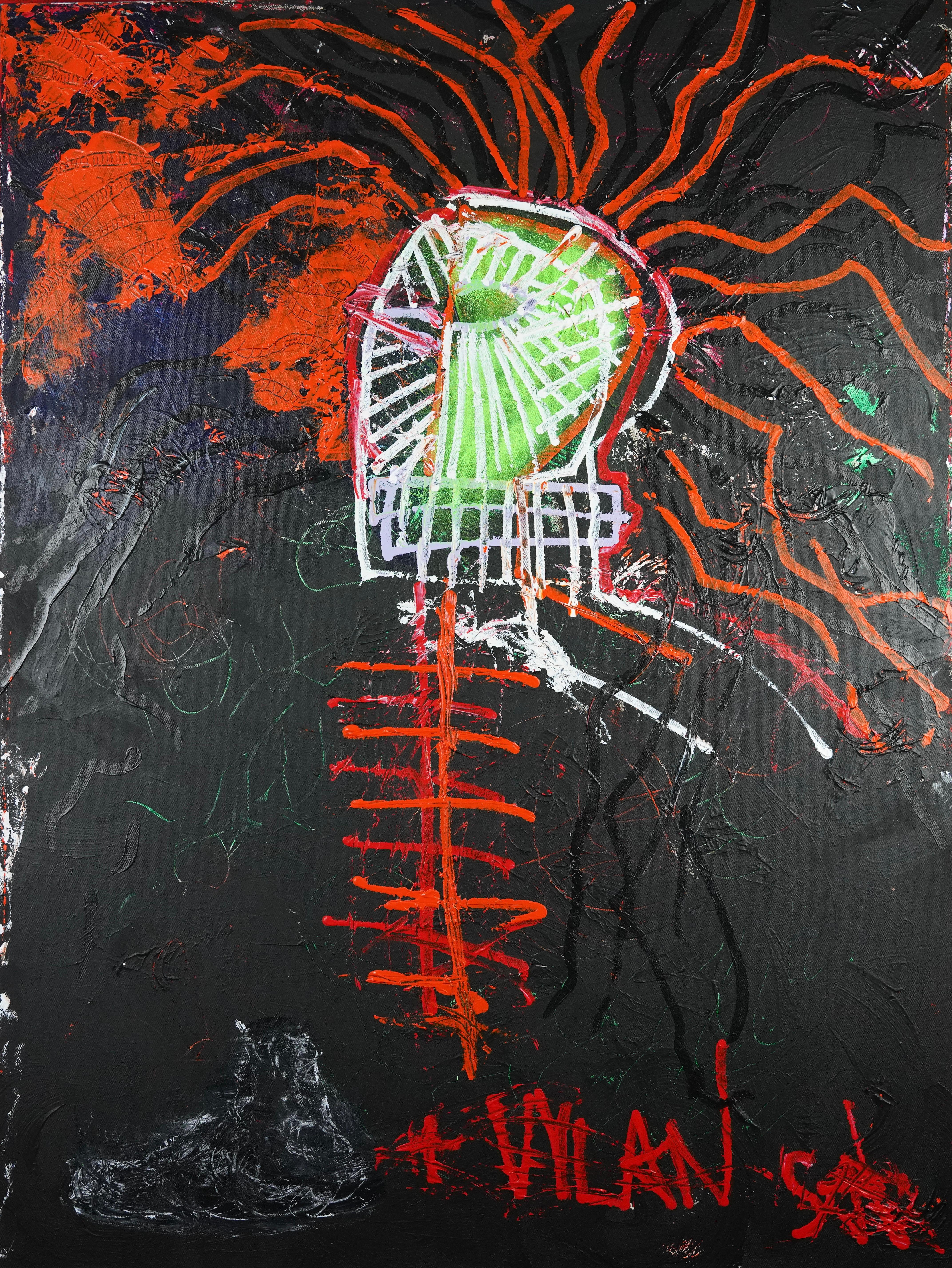 Sax Berlin Abstract Painting – Bob Vylan. Spartanischer Krieger: Neo-expressionistisches Gemälde mit Fußdruck