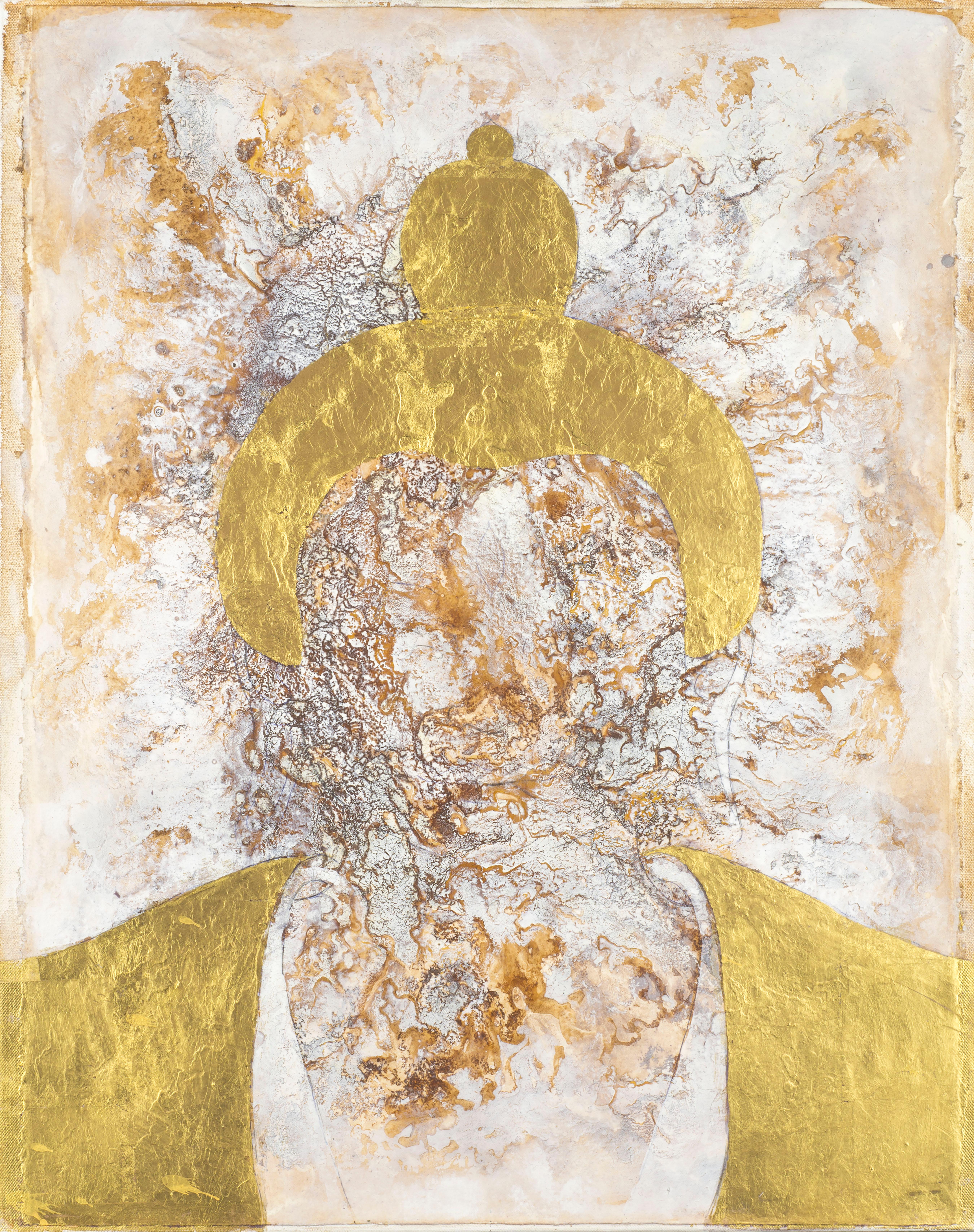 Sax Berlin Abstract Painting - Golden Buddha:  Oil and Gold Leaf on Canvas