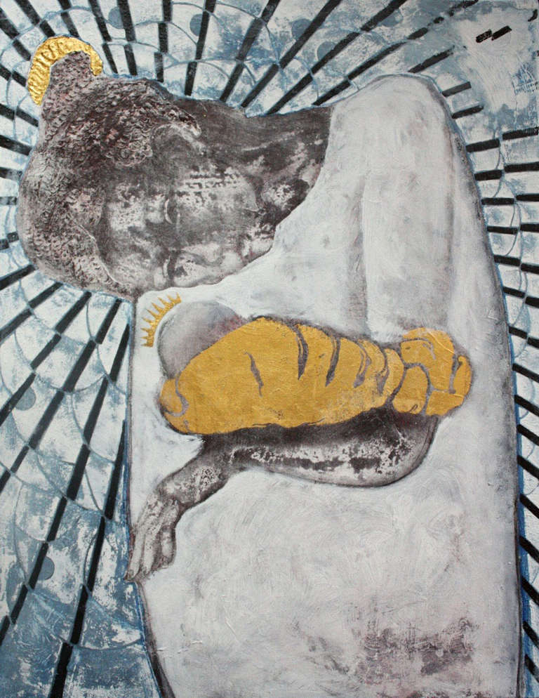 Sax Berlin Figurative Painting – Mary And The Grain Of Mustard Seed, Gemälde in Öl und Gold und Blattsilber