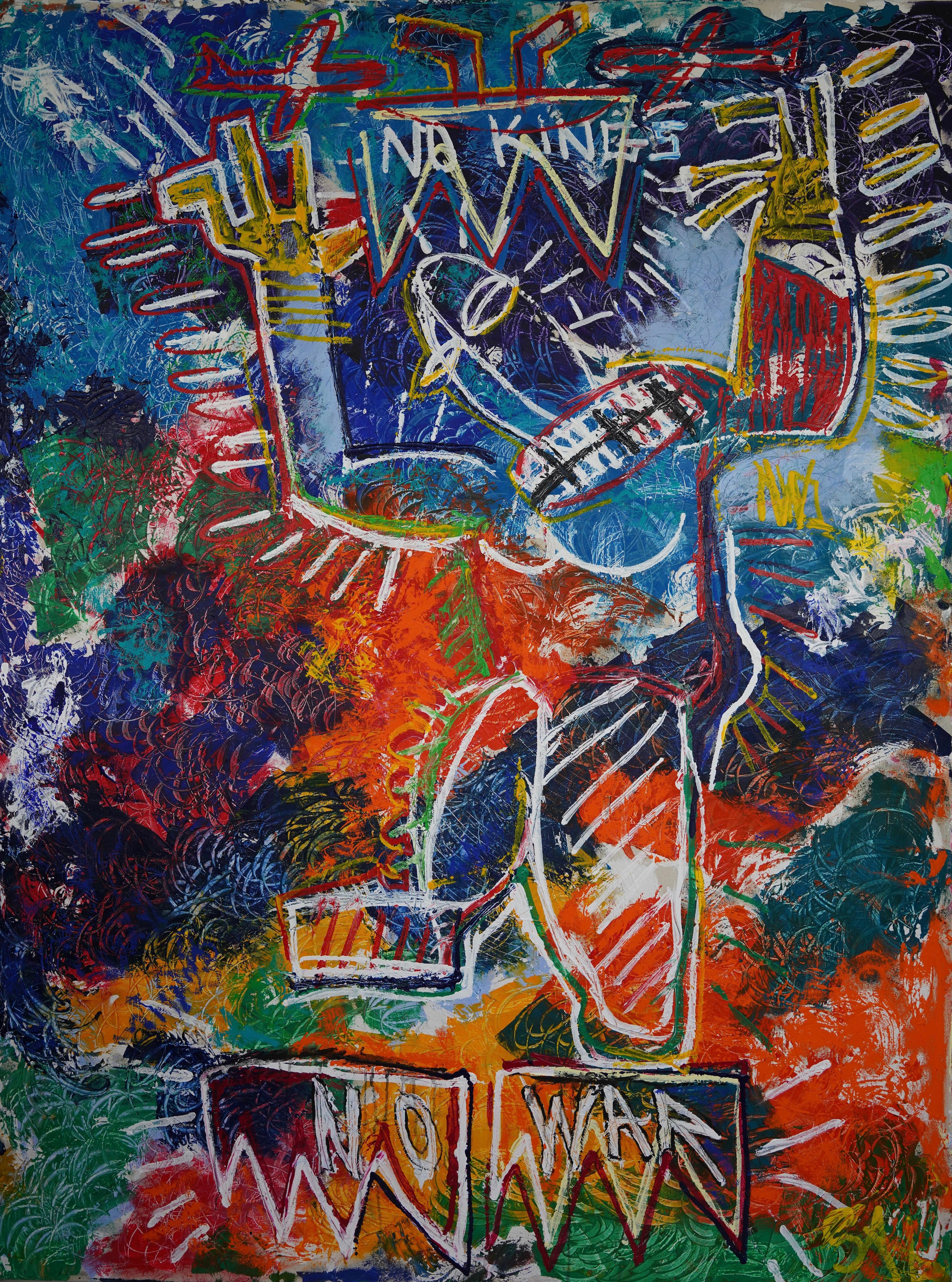 Figurative Painting di Sax Berlin - NIENTE RE NIENTE GUERRA:  Pittura ad olio neo espressionista di grandi dimensioni