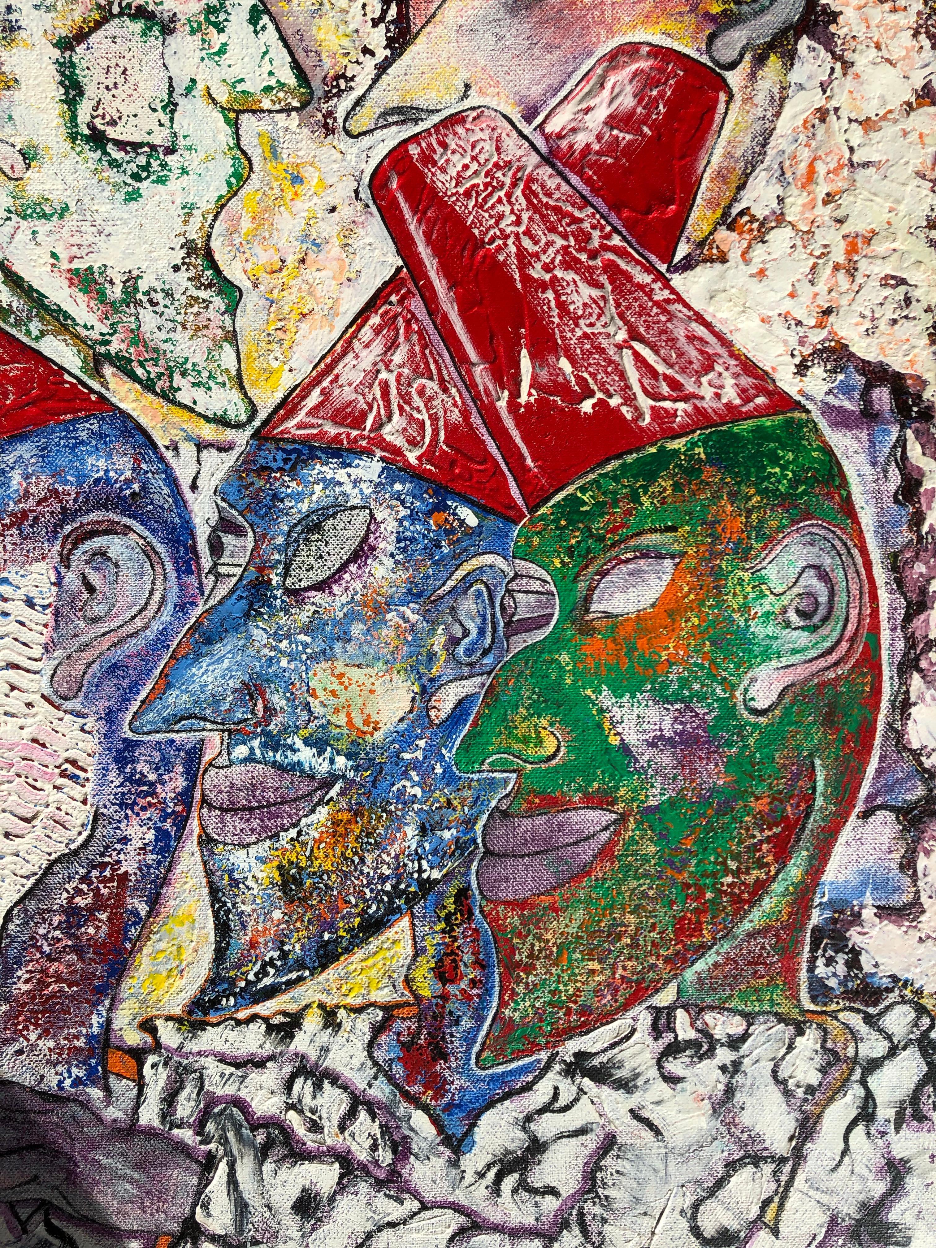 De la serie Fools de Sax Berlin de los años 90. Esta intrincada obra maestra tiene calidad de museo. Los Tontos de Berlín aparecen agrupados en masa en una compleja representación del debate. Esta obra recuerda a civilizaciones y culturas antiguas,