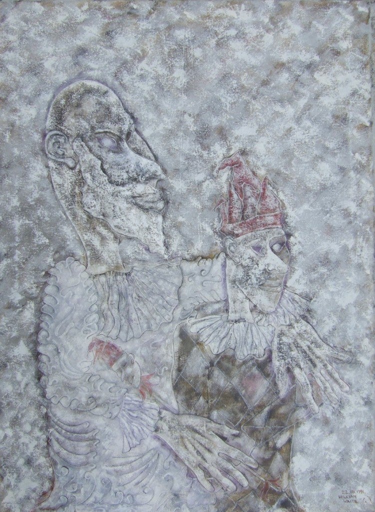 Figurative Painting di Sax Berlin - Pierrot e l'Arlecchino. Pittura ad olio figurativa contemporanea