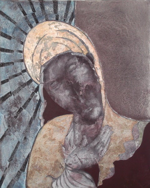 Ispirato alla Sindone di Torino, questo splendido pezzo incorpora una tecnica singolare su ogni sezione. Un'amalgama magistrale e unica di materiali, pittura a olio, foglia d'argento e marmo frantumato, ha reso questo splendido dipinto di Berlino un