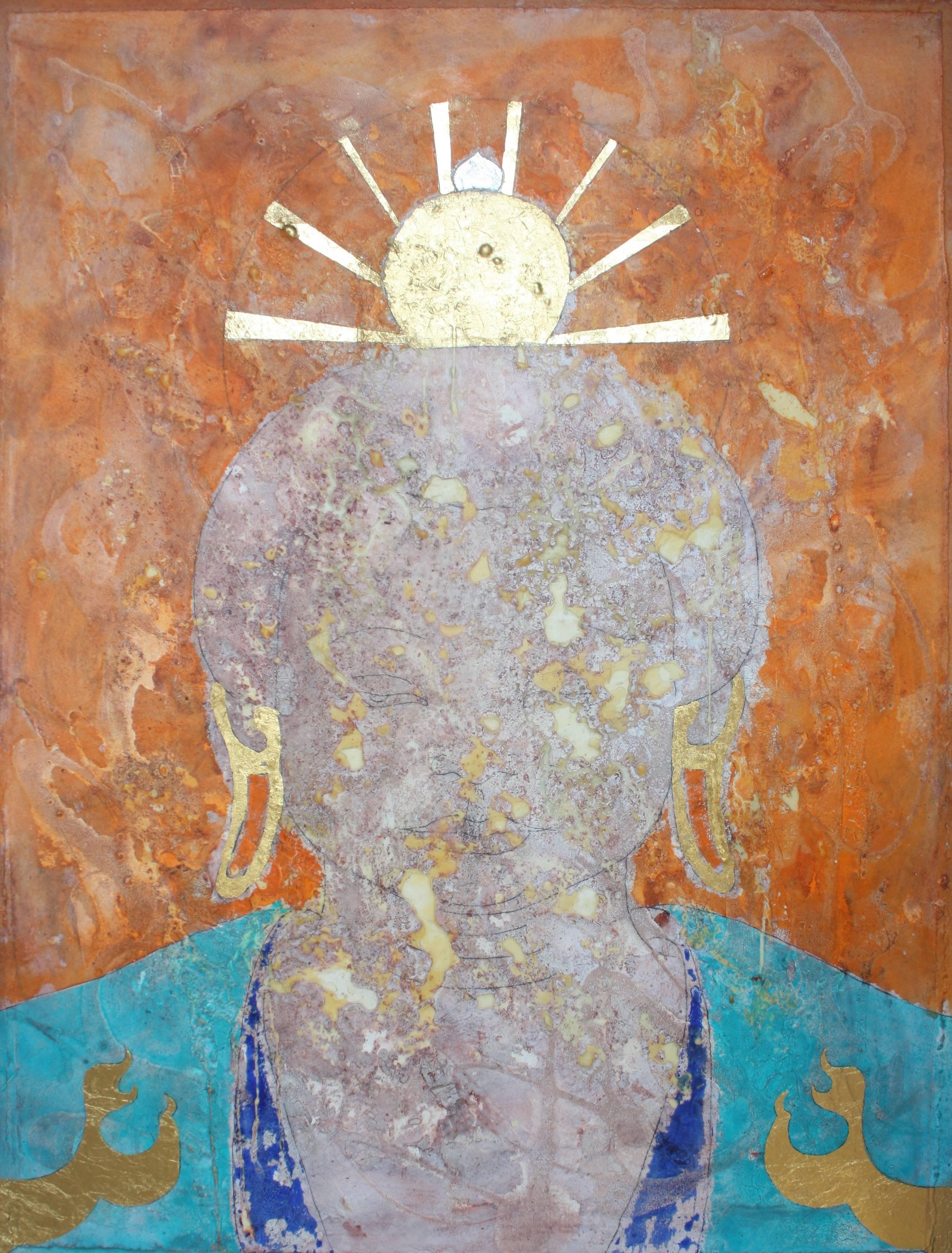 "Safranglanz".  Contemporary Buddha Ölgemälde mit Blattgold – Mixed Media Art von Sax Berlin