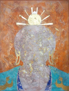 "Effusion de safran".  Peinture à l'huile contemporaine de Bouddha avec feuille d'or