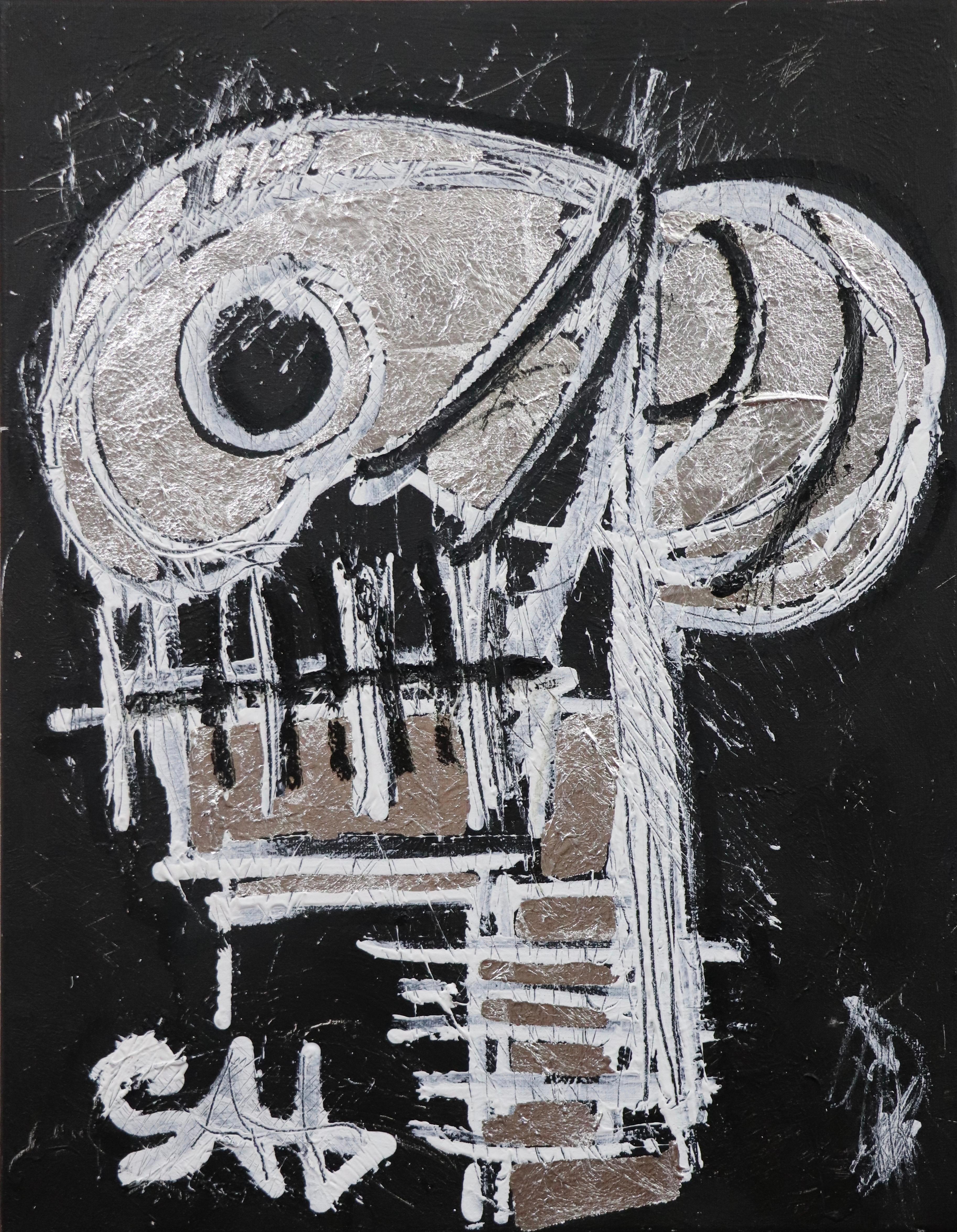 Sax Berlin Figurative Painting – Silberner Schädel.  Zeitgenössische neoexpressionistische Malerei