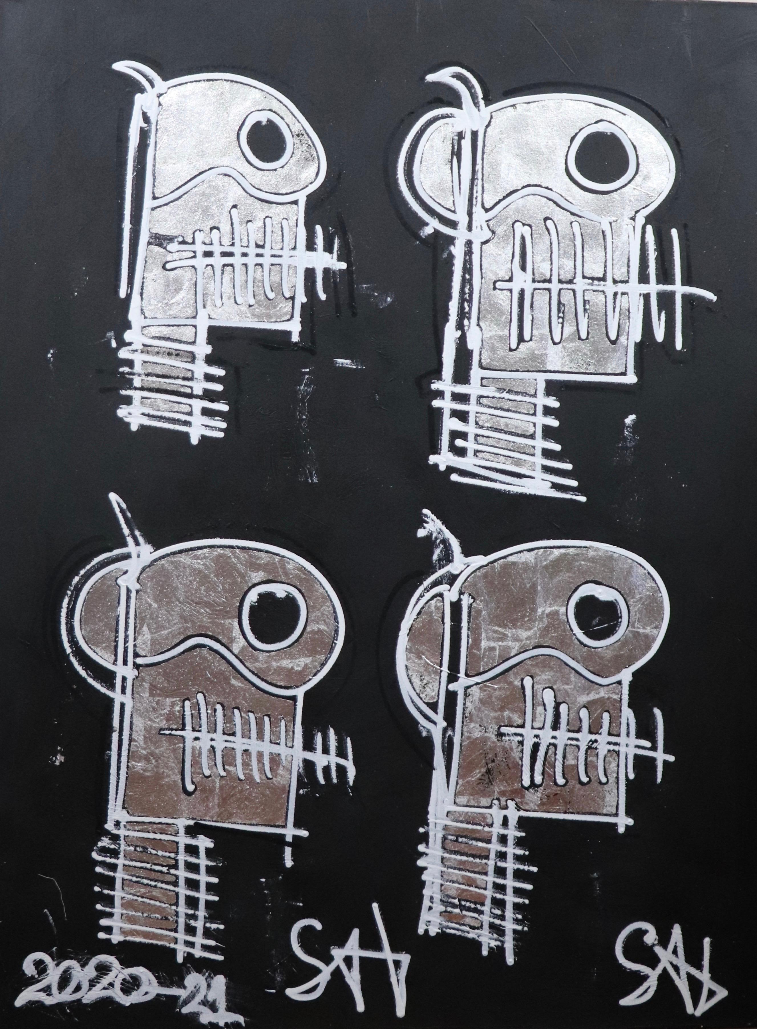 Sax Berlin Figurative Painting - Silver Skulls.  Contemporary Neo-Expressionist Painting