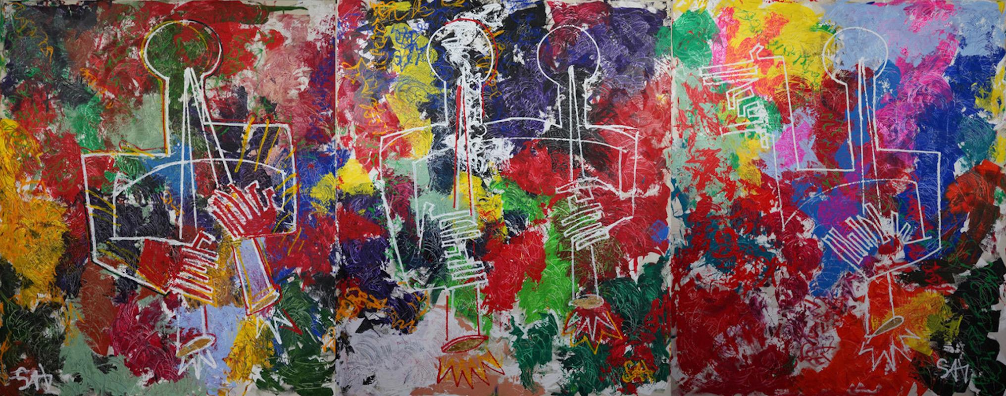Sax Berlin Abstract Painting – The Pipers At The Dawn of Peace.  Große Contemporary Tryptch Abstrakte Malerei