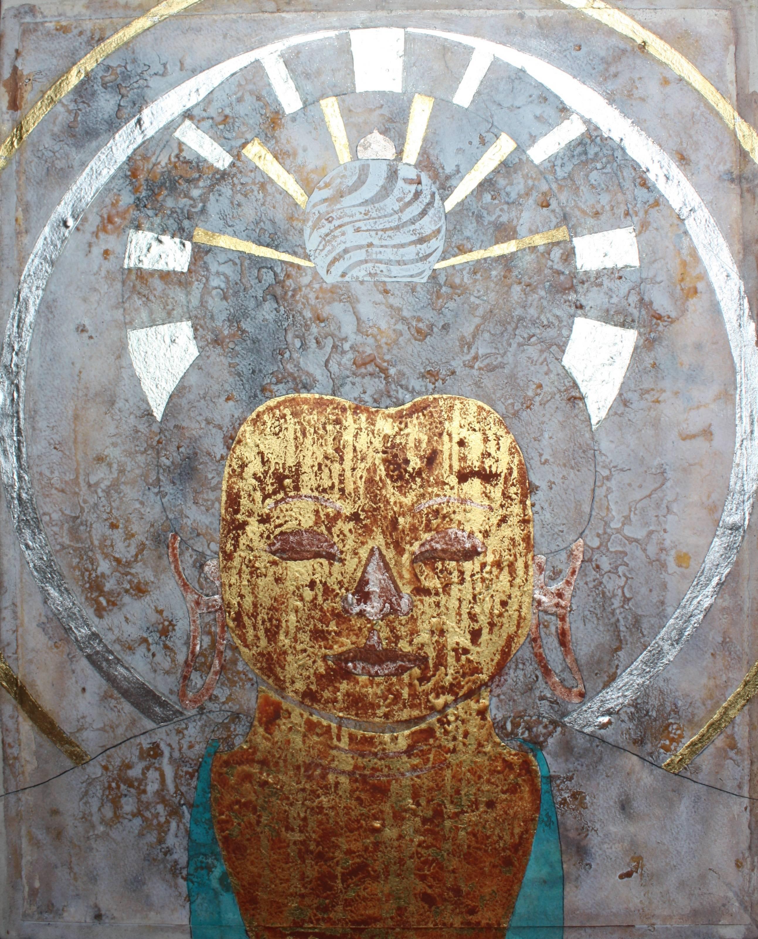 Der Buddha des Friedens. Zeitgenössisches figuratives Gemälde in Mischtechnik