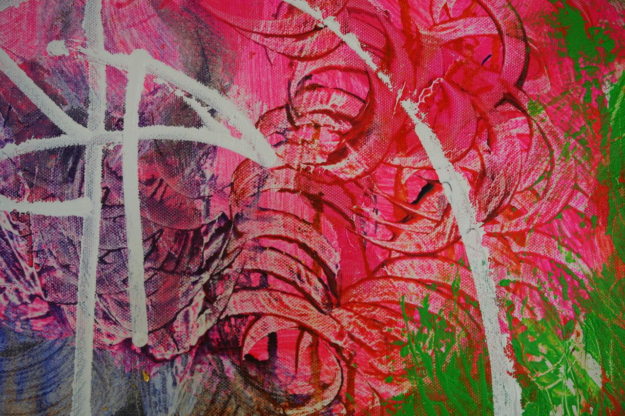 Esilaranti lampi di colore al neon turbinano intorno all'immagine dell'icona dalla bocca dorata. Un dipinto di movimento e meditazione dalla tavolozza unica e inconfondibile del maestro Sax Berlin.

Foglia d'oro, olio e pittura acrilica