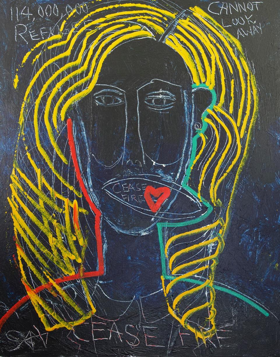 Figurative Painting di Sax Berlin - "L'ambasciatore di buona volontà non può guardare altrove". Neo Espressionismo contemporaneo