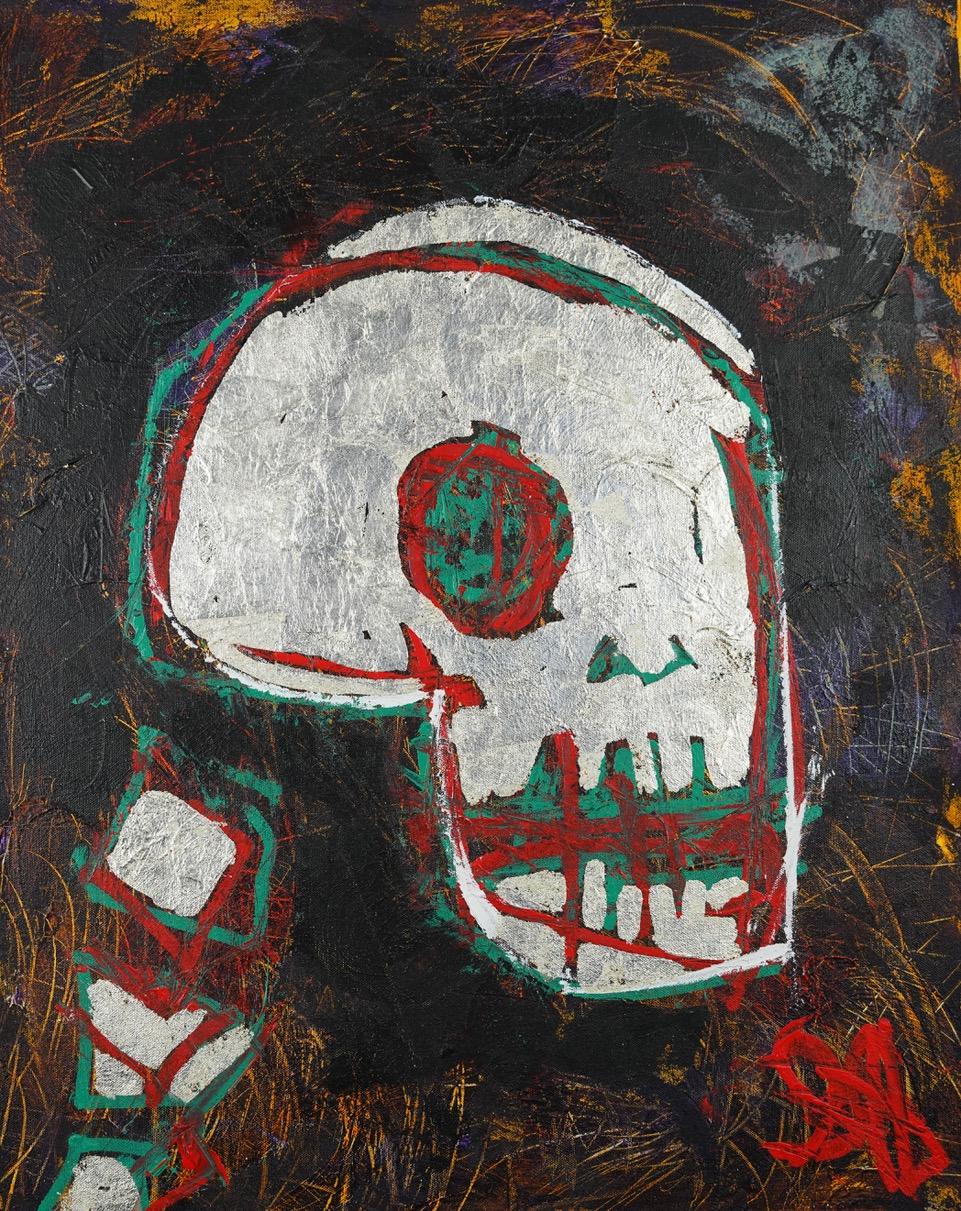 A stark and powerful painting, it immediately attracts attention. Berlin has revisited the skull motif in this piece of Neo-Expressionist art to sublime effect. The painting is a masterly, pared back abstract canvas.

Oil and acrylic paint and white