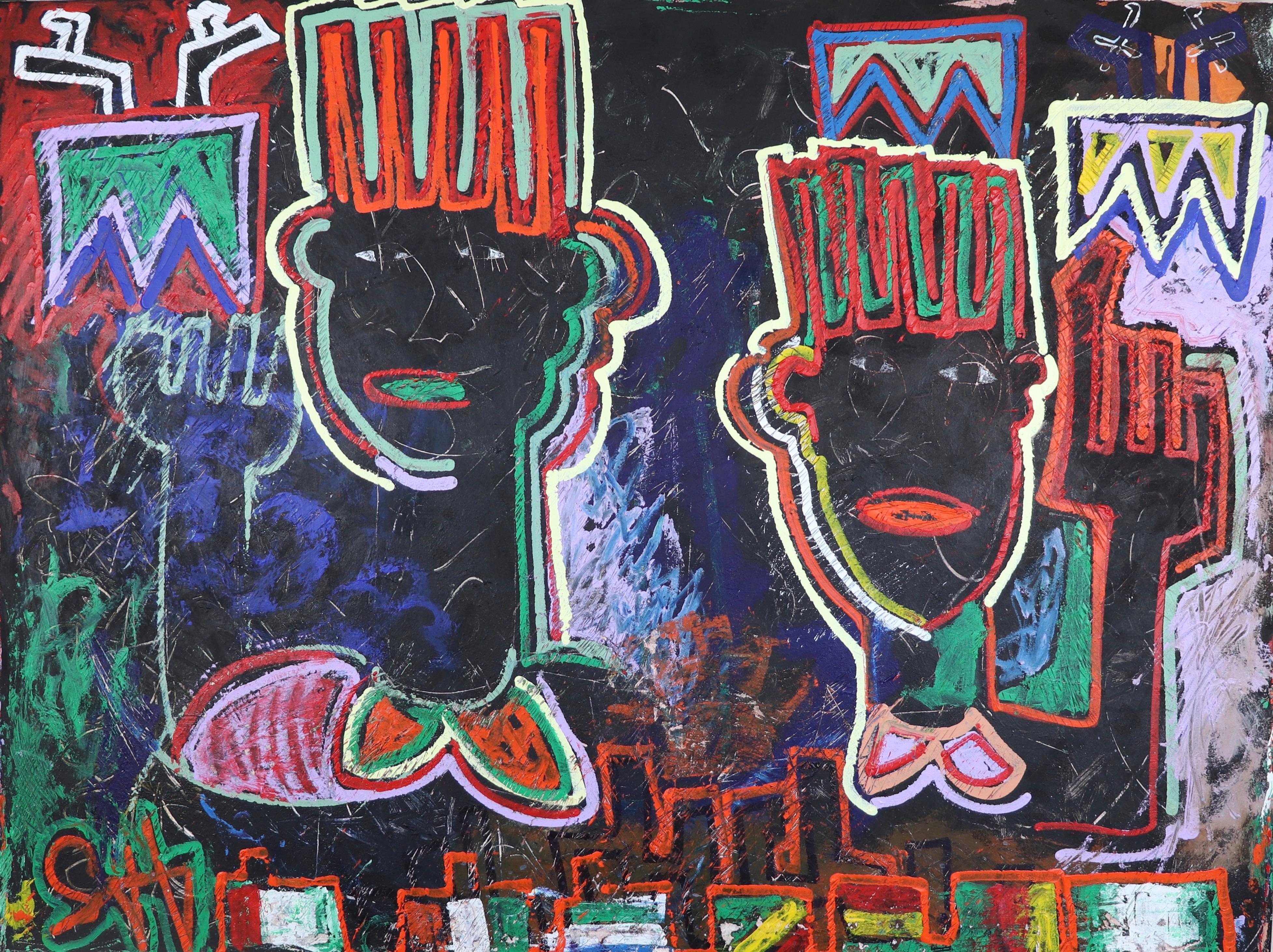 Sax Berlin Figurative Painting – Wise Up Wir alle kommen aus Afrika. Großes neoexpressionistisches Gemälde