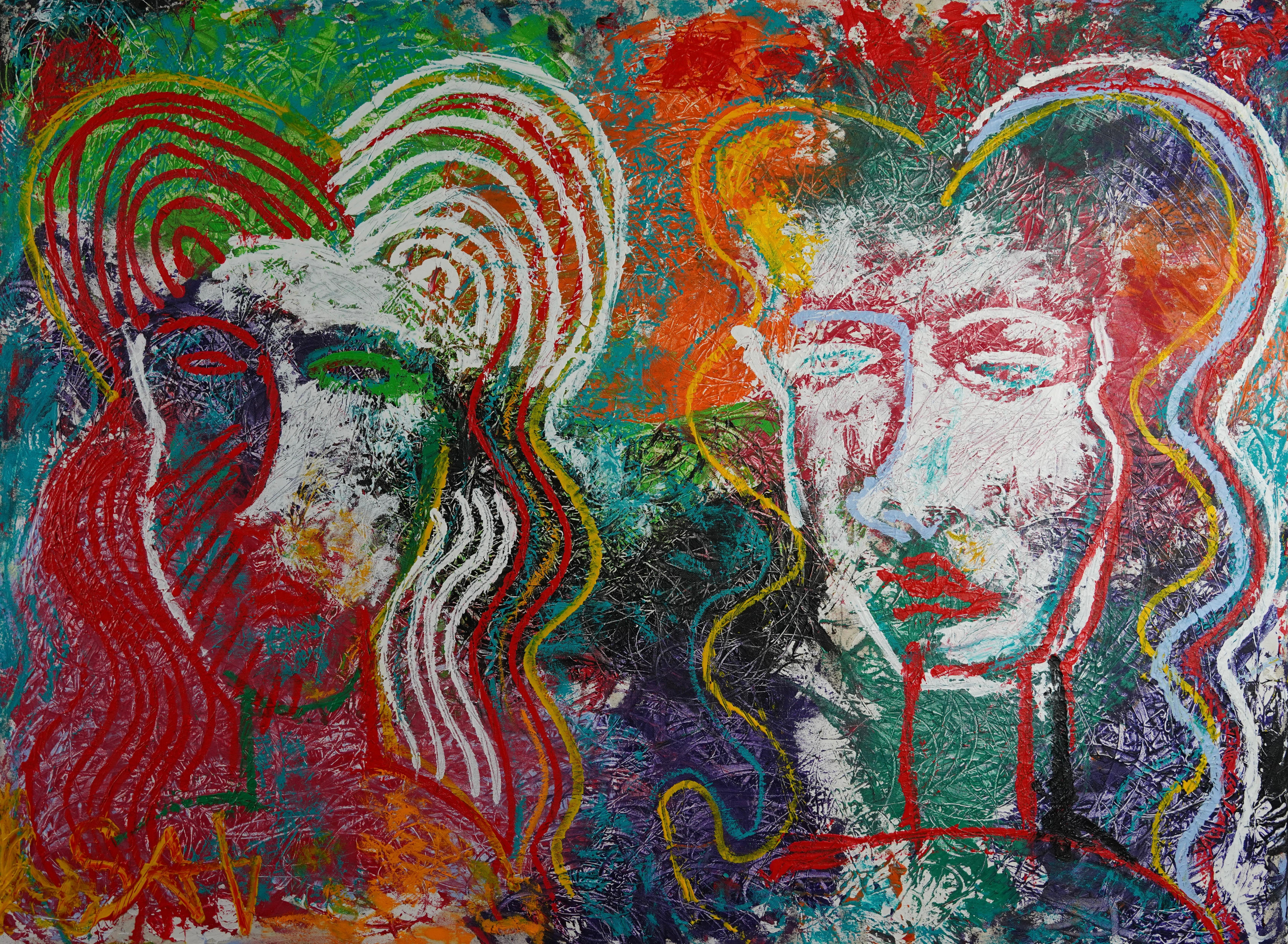 Women Who Dance With Wolves.  Contemporary Neo Expressionist Oil Painting