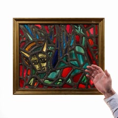 Sax Shaw (1916-2000) ‘The Bull’ Framed Stained Glass Panel
