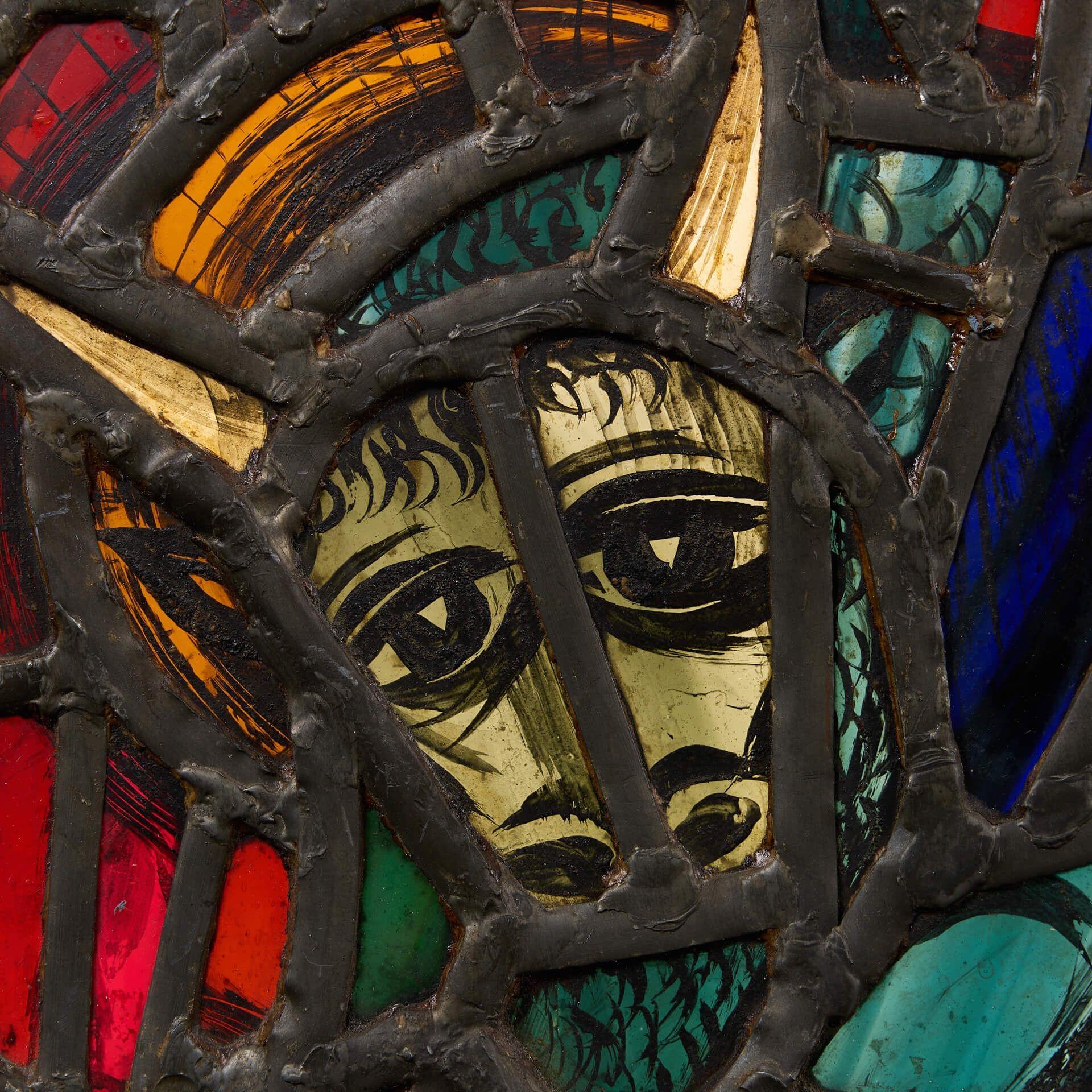 Mid-Century Modern Sax Shaw (1916-2000) ‘The Bull’ Framed Stained Glass Panel For Sale