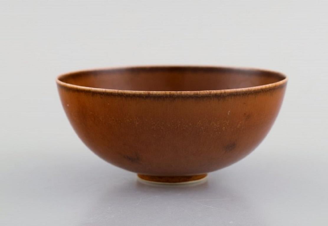 20th Century Saxbo Bowl in Glazed Stoneware, Beautiful Glaze in Brown Shades, Mid-20th C For Sale