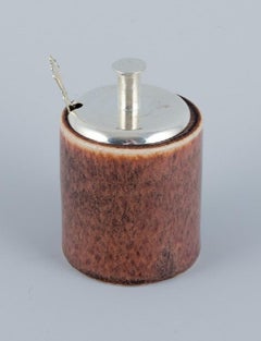 Saxbo Ceramic Mustard Jar with Sterling Silver Lid and Spoon