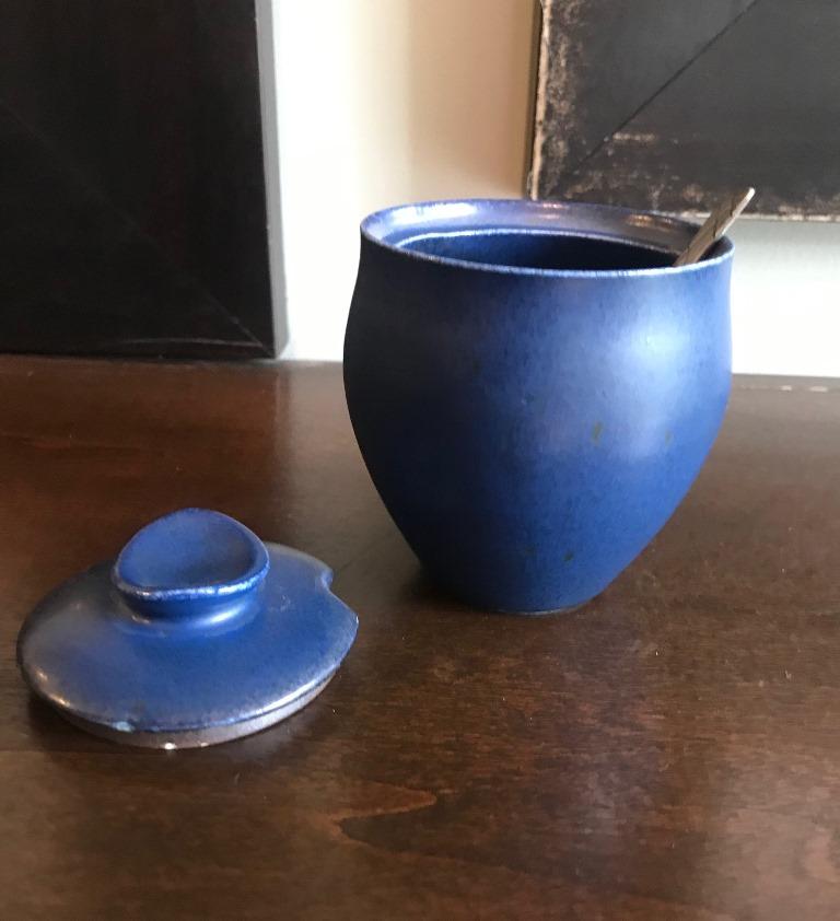 Saxbo Glazed Jar with Lid and Plated Spoon by Danish Designer Eva Stæhr Nielsen In Good Condition In Studio City, CA