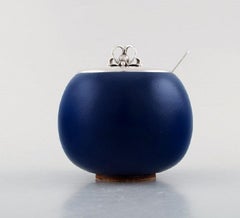 Saxbo / Hans Hansen, Jam Jar in Glazed Ceramics with Lid and Spoon in Silver