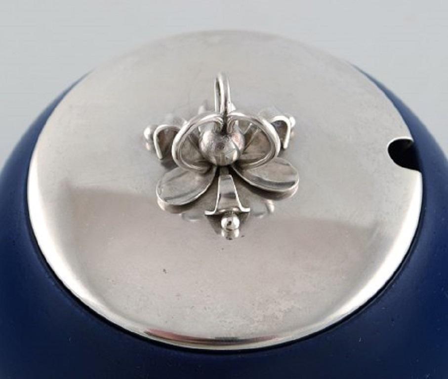 Saxbo / Hans Hansen, Jam Jar in Glazed Ceramics with Lid and Spoon in Silver In Good Condition In Copenhagen, DK