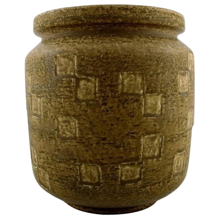 Saxbo Large Stoneware Vase in Modern Design, Glaze in Yellow Brown Tones For Sale
