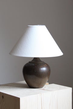 Saxbo, Table Lamp, Glazed Stoneware, Brass, Linen, Saxbo, Denmark, 1950s