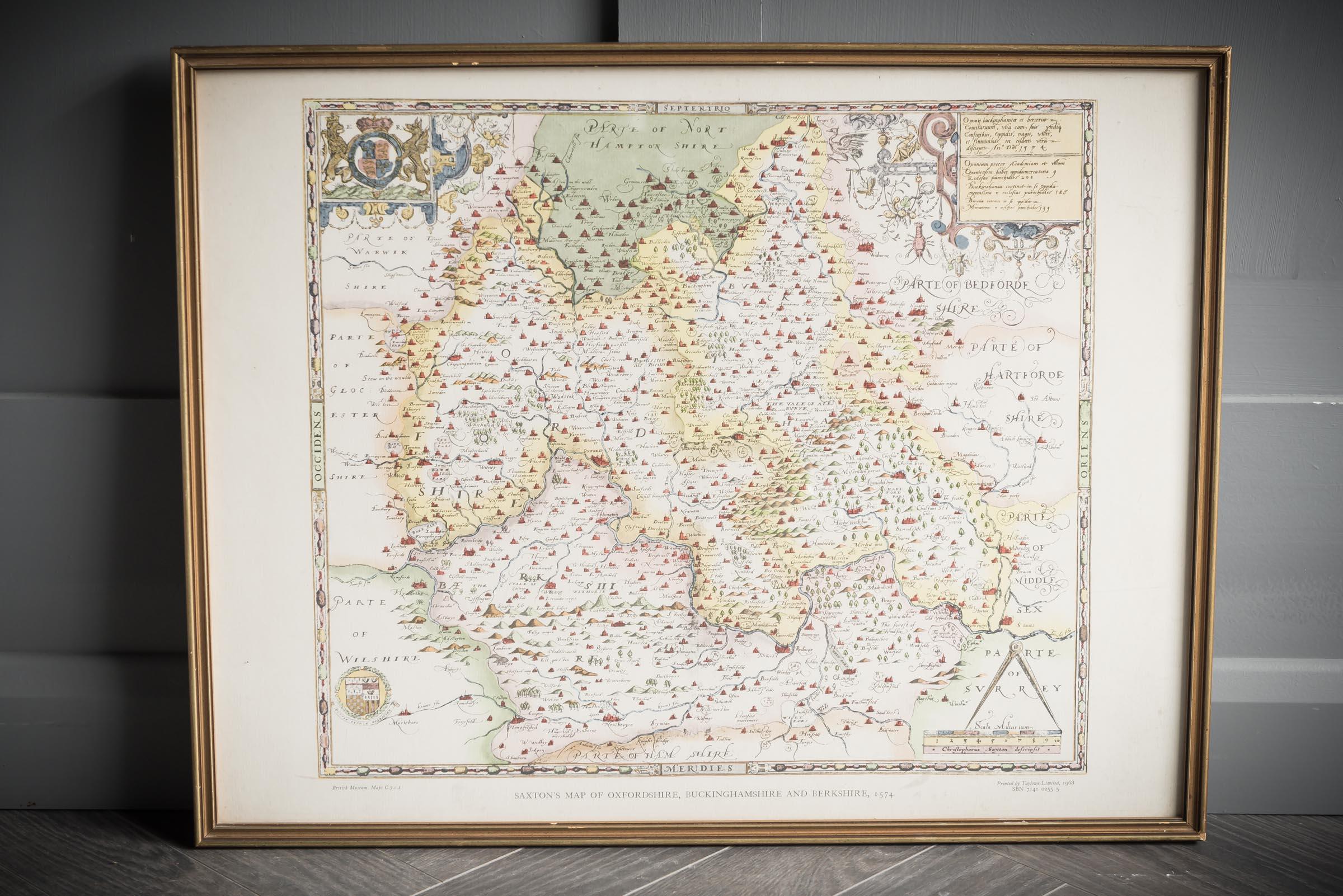 Framed Saxton’s Map of Oxfordshire, Buckinghamshire, and Berkshire, 1574. Originally published as one of thirty-three maps in Christopher Saxton’s (c.1542- c.1610) Atlas of the Counties of England and Wales, this map depicts the southeastern English