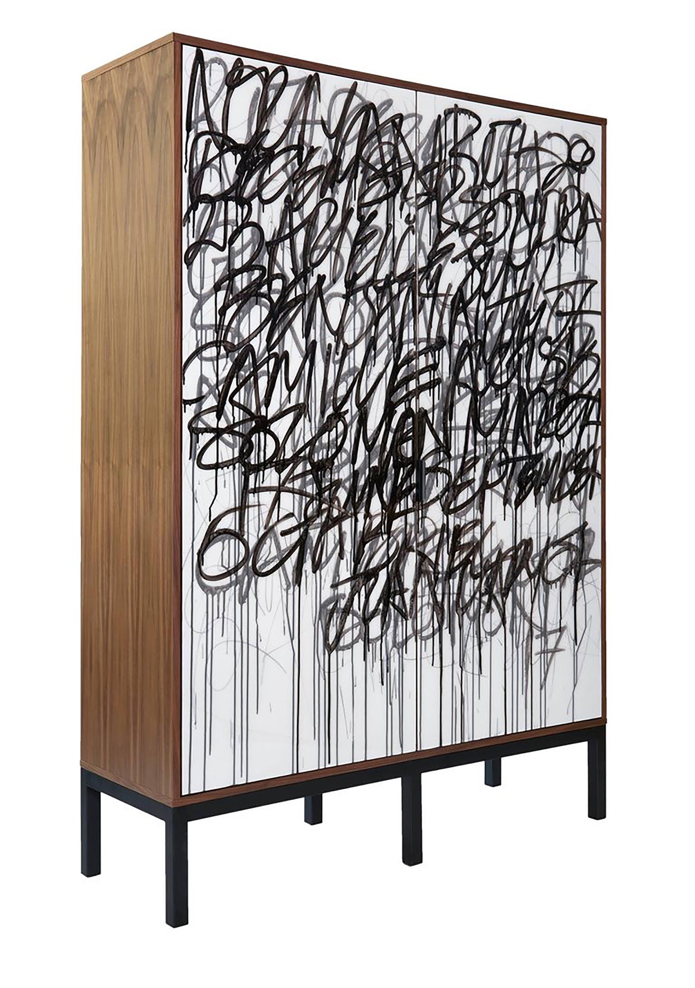Our 'Say it Again' armoire is creating using graphic, calligraphy inspired, graffiti artwork.  The cabinet is designed and finish in our Toronto studio, Morgan Clayhall. The artist is Murray Duncan.

The client can supply